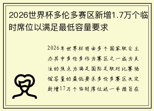 2026世界杯多伦多赛区新增1.7万个临时席位以满足最低容量要求 2026世界杯多伦多赛区新增1.7万个临时席位以满足最低容量要求